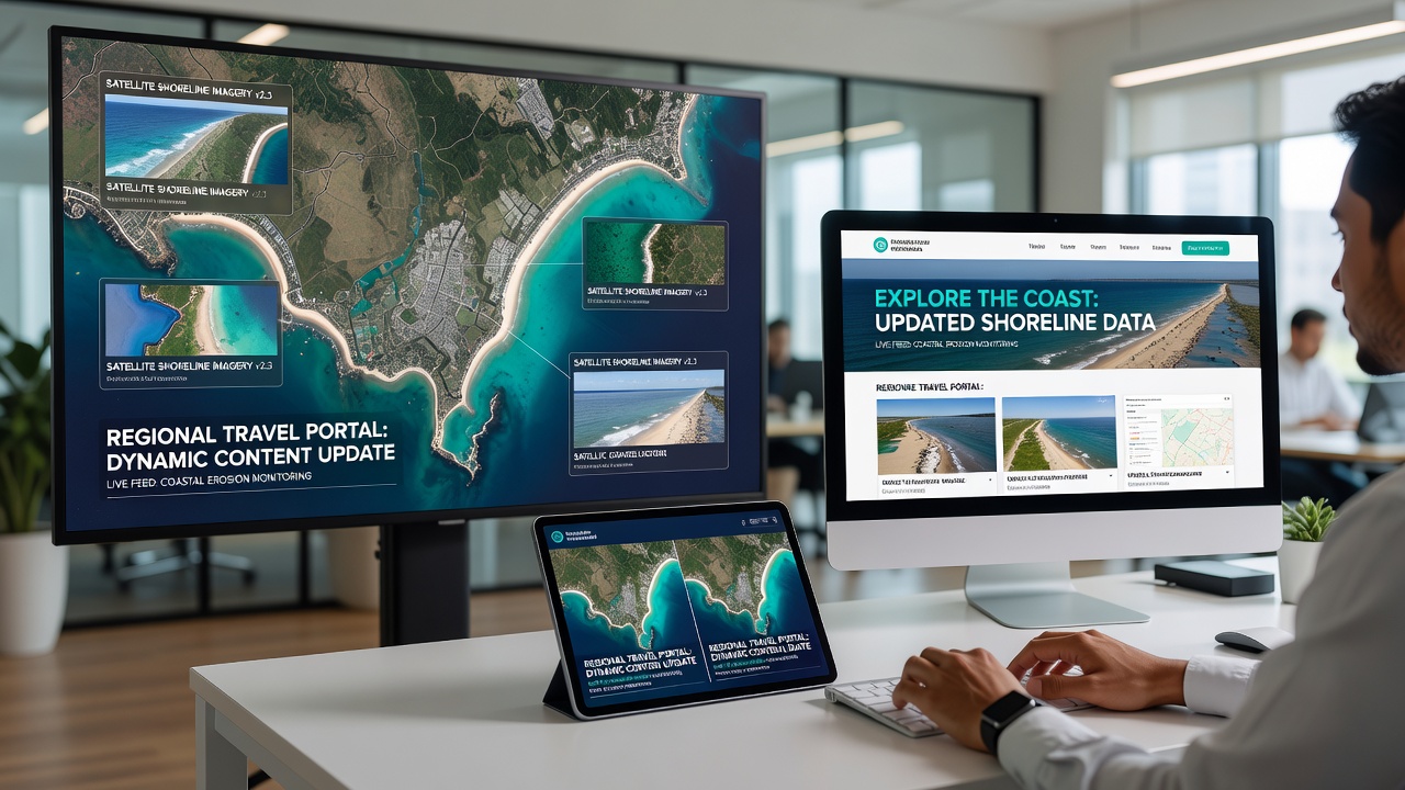 Processed satellite data overlay showing updated beach boundaries on a travel portal interface
